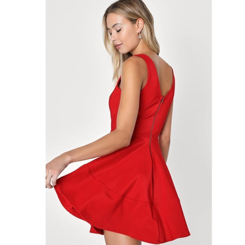 LULUS Home Before Daylight Red Square Neck Sleeveless Skater Dress Size Small - Picture 2 of 10